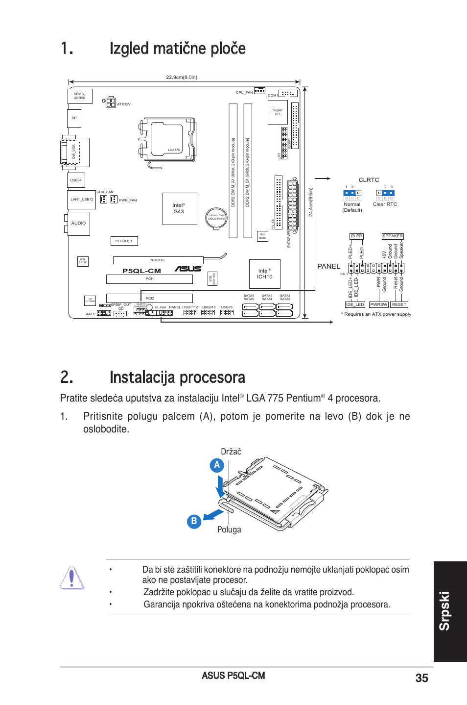 Izgled matične ploče 2. instalacija procesora, Srpski, Pratite sledeća uputstva za instalaciju intel | Lga 775 pentium, Asus p5ql-cm, Držač poluga | Asus P5QL-CM User Manual | Page 35 / 38