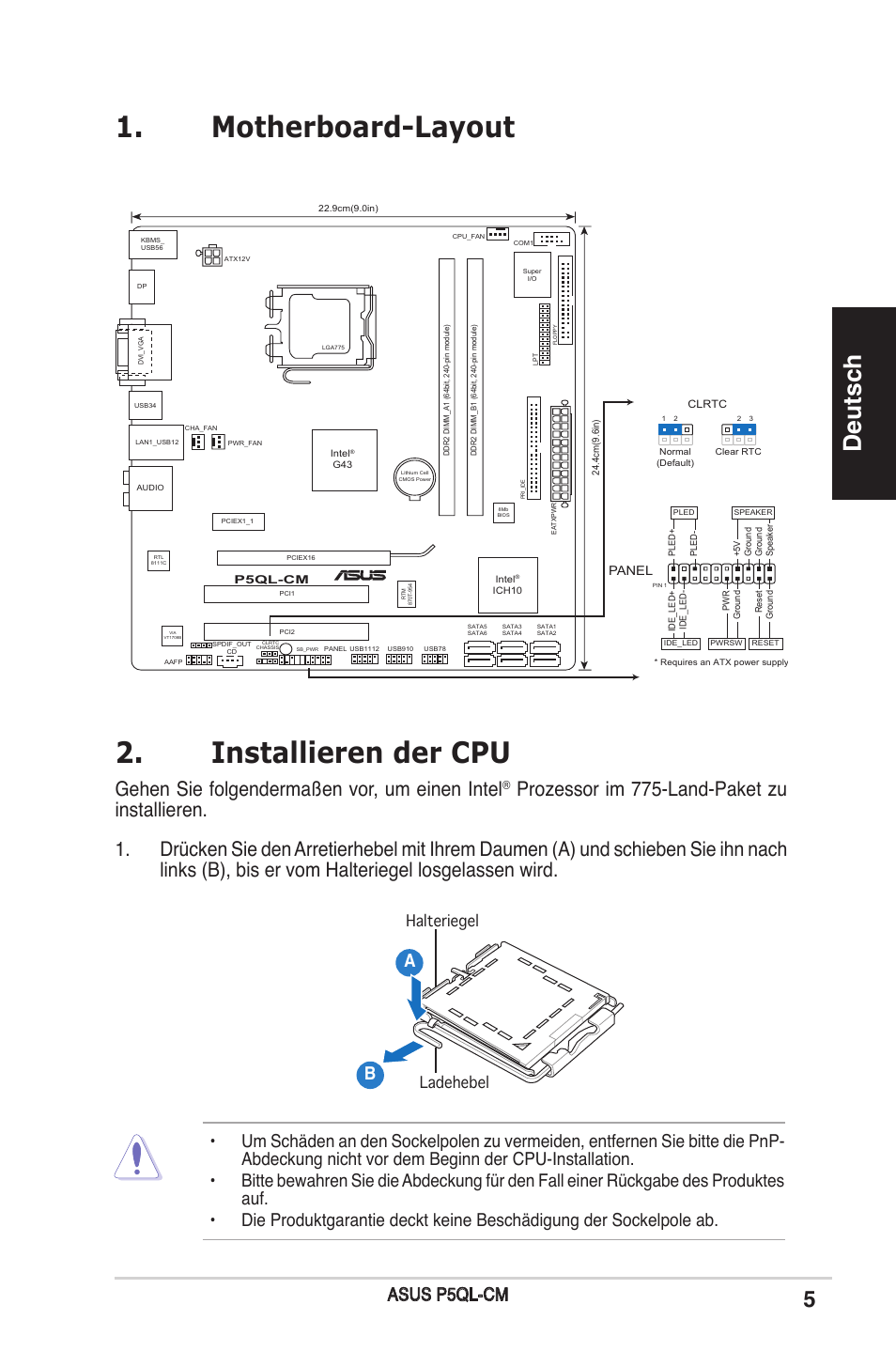 Installieren der cpu, Motherboard-layout, Deutsch | Gehen sie folgendermaßen vor, um einen intel, Asus p5ql-cm, Halteriegel ladehebel | Asus P5QL-CM User Manual | Page 5 / 38