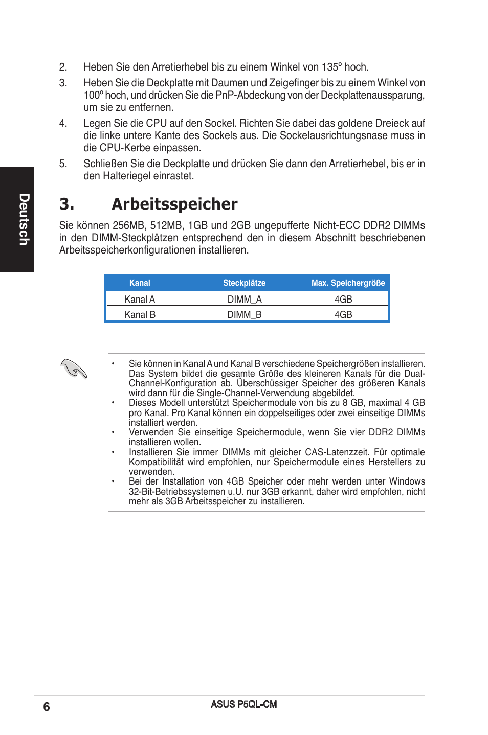 Arbeitsspeicher, Deutsch | Asus P5QL-CM User Manual | Page 6 / 38