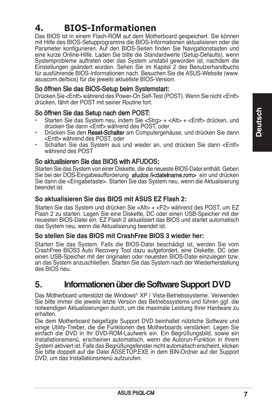 Bios-informationen, Informationen über die software support dvd, Deutsch | Asus P5QL-CM User Manual | Page 7 / 38