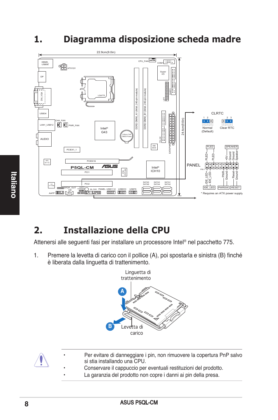 Installazione della cpu, Diagramma disposizione scheda madre, Italiano | Asus p5ql-cm, Linguetta di trattenimento levetta di carico | Asus P5QL-CM User Manual | Page 8 / 38