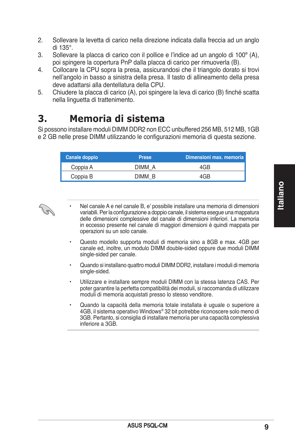 Italiano | Asus P5QL-CM User Manual | Page 9 / 38