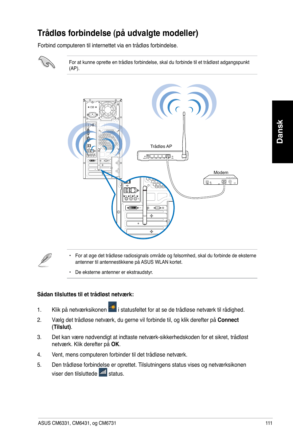 Trådløs forbindelse (på udvalgte modeller), Trådløs.forbindelse.�på.udvalgte.modeller, Dansk | Asus CM6731 User Manual | Page 113 / 342