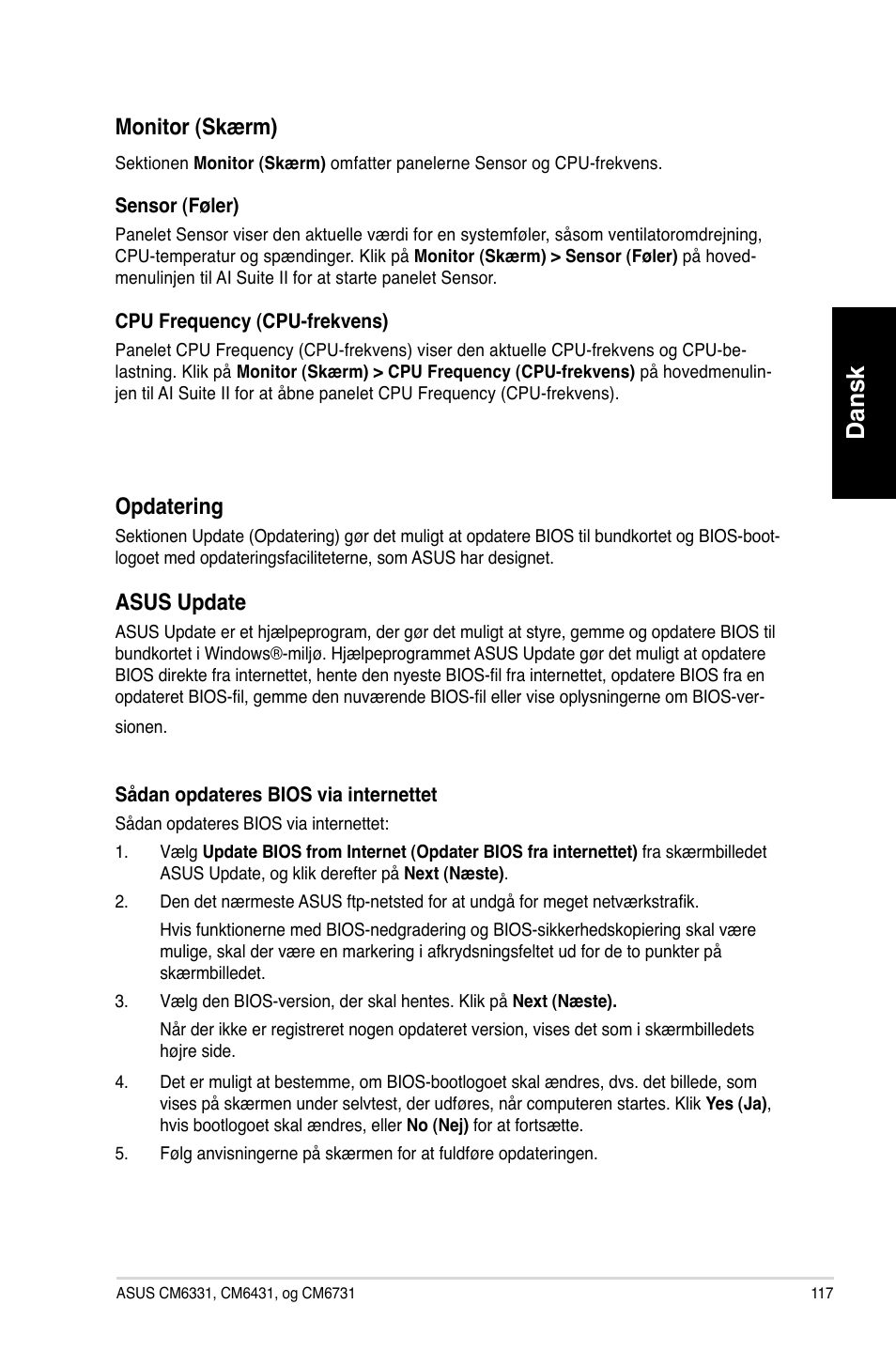 Dansk, Opdatering, Asus.update | Monitor.�skærm | Asus CM6731 User Manual | Page 119 / 342