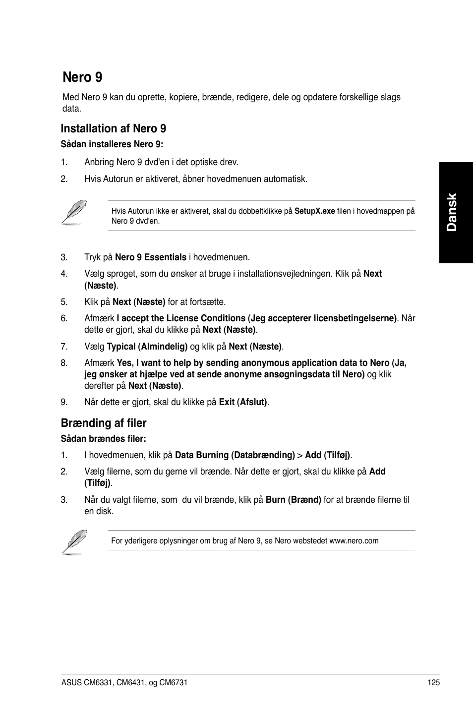 Nero 9, Nero 9 5, Nero.9 | Dansk, Installation.af.nero.9, Brænding af filer | Asus CM6731 User Manual | Page 127 / 342