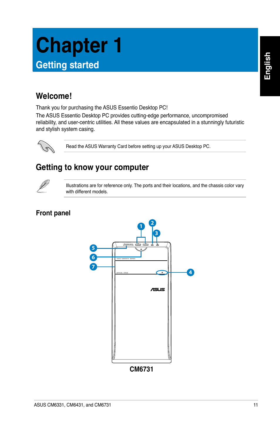 Chapter 1, Getting started, Welcome | Getting to know your computer, Chapter.1, Getting.started, Welcome! getting to know your computer, English | Asus CM6731 User Manual | Page 13 / 342