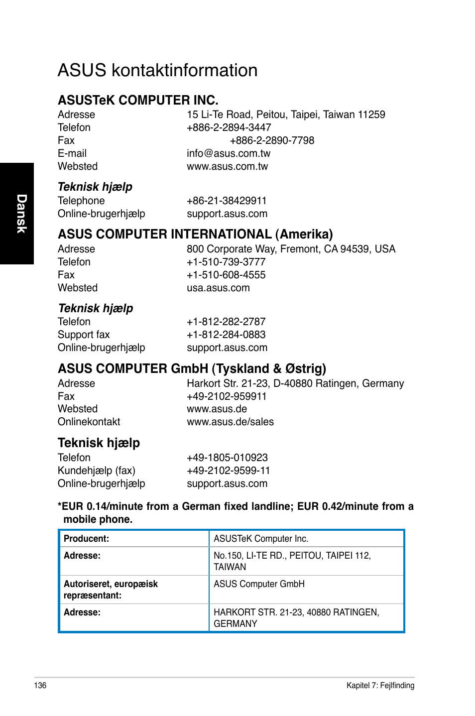 Asus kontaktinformation, Dansk, Teknisk.h�ælp | Asus CM6731 User Manual | Page 138 / 342