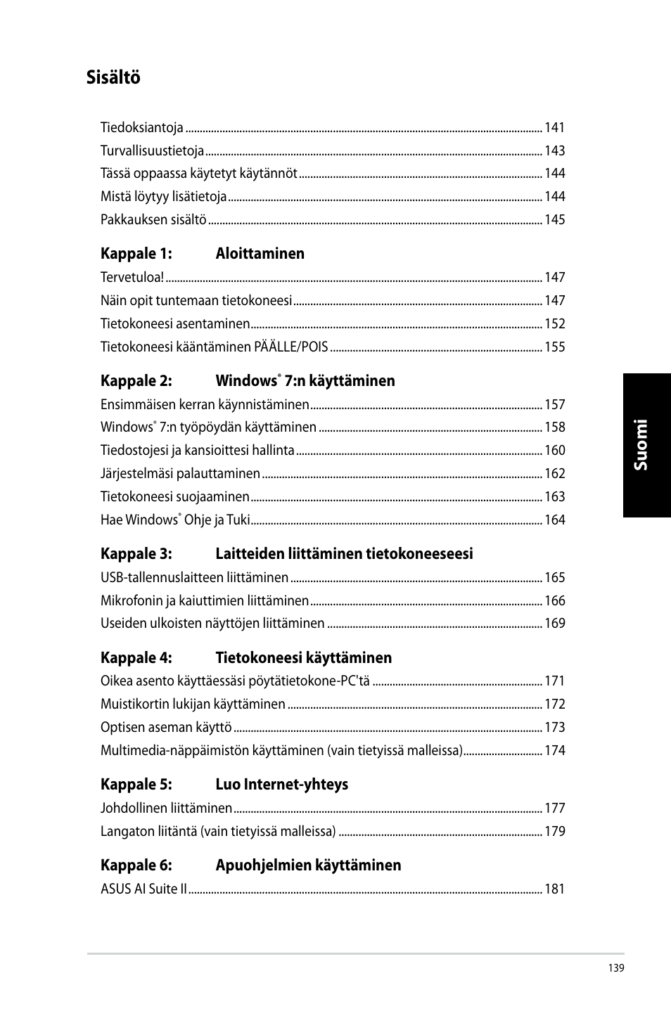 Sisältö, Suomi | Asus CM6731 User Manual | Page 141 / 342