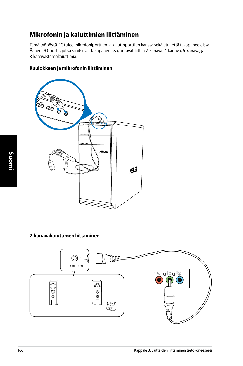 Mikrofonin ja kaiuttimien liittäminen, Mikro�onin ja kaiuttimien liittäminen, Suomi | Asus CM6731 User Manual | Page 168 / 342