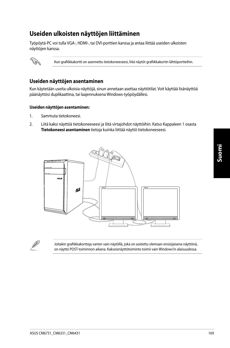 Useiden ulkoisten näyttöjen liittäminen, Suomi, Useiden näyttöjen asentaminen | Asus CM6731 User Manual | Page 171 / 342