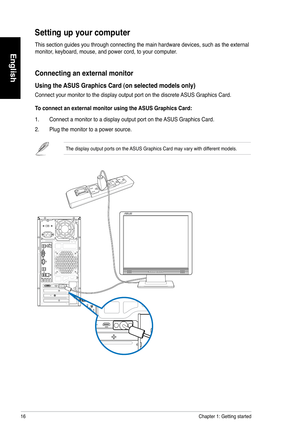 Setting up your computer, English, Connecting.an.external.monitor | Asus CM6731 User Manual | Page 18 / 342