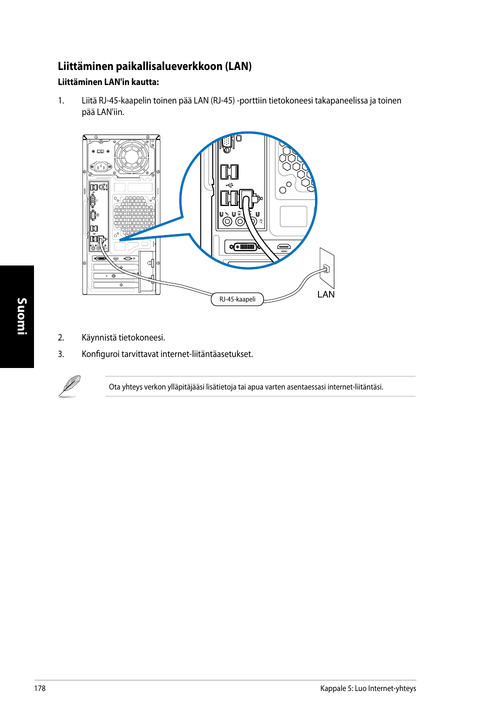 Suomi, Liittäminen paikallisalueverkkoon (lan) | Asus CM6731 User Manual | Page 180 / 342