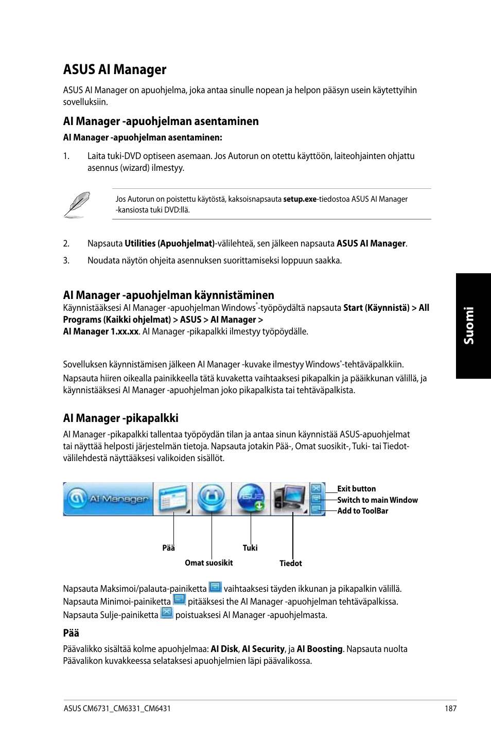 Asus ai manager, Suomi, Ai manager -apuohjelman asentaminen | Ai manager -apuohjelman käynnistäminen, Ai manager -pikapalkki | Asus CM6731 User Manual | Page 189 / 342