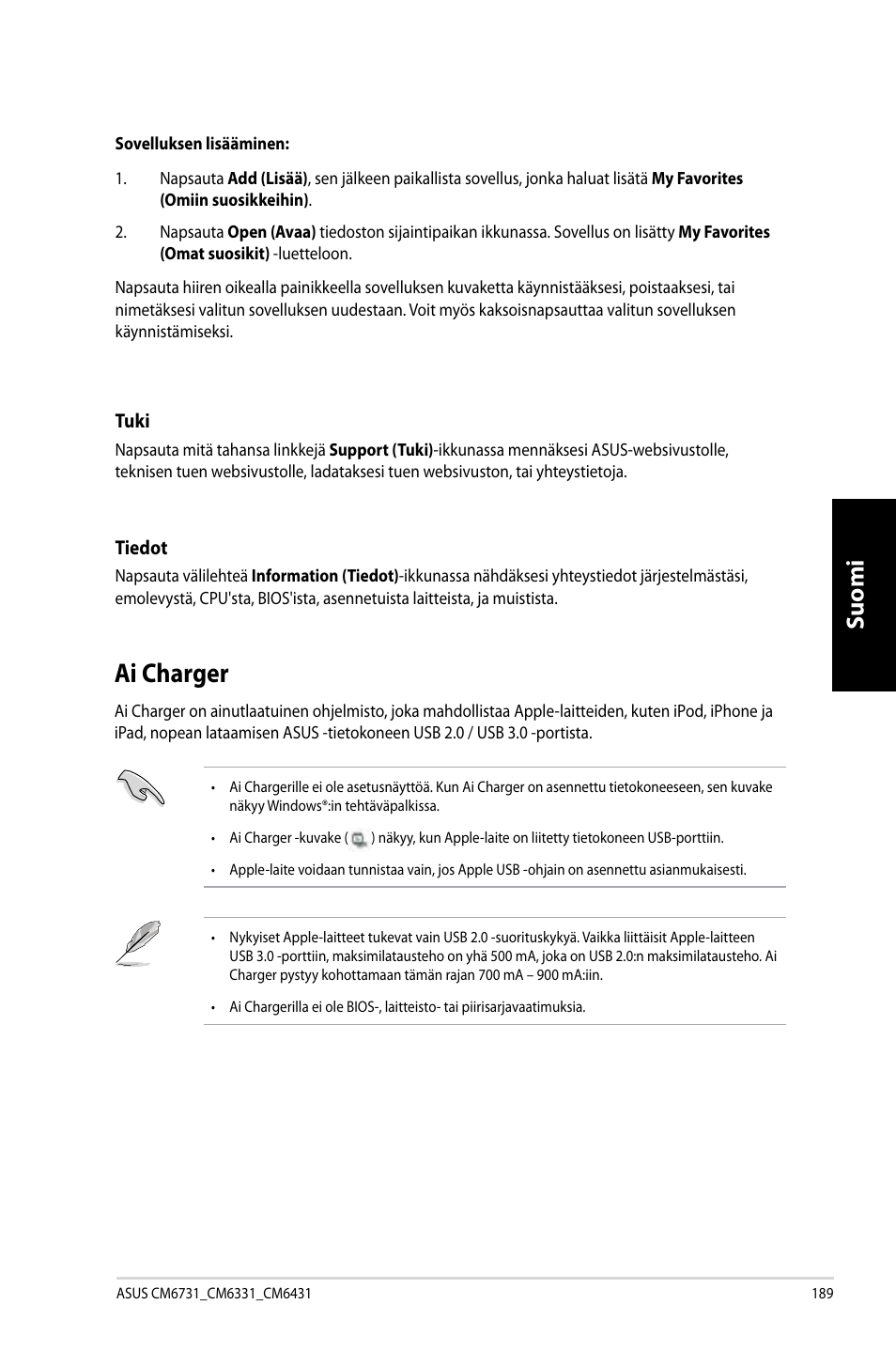 Ai charger, Suomi | Asus CM6731 User Manual | Page 191 / 342