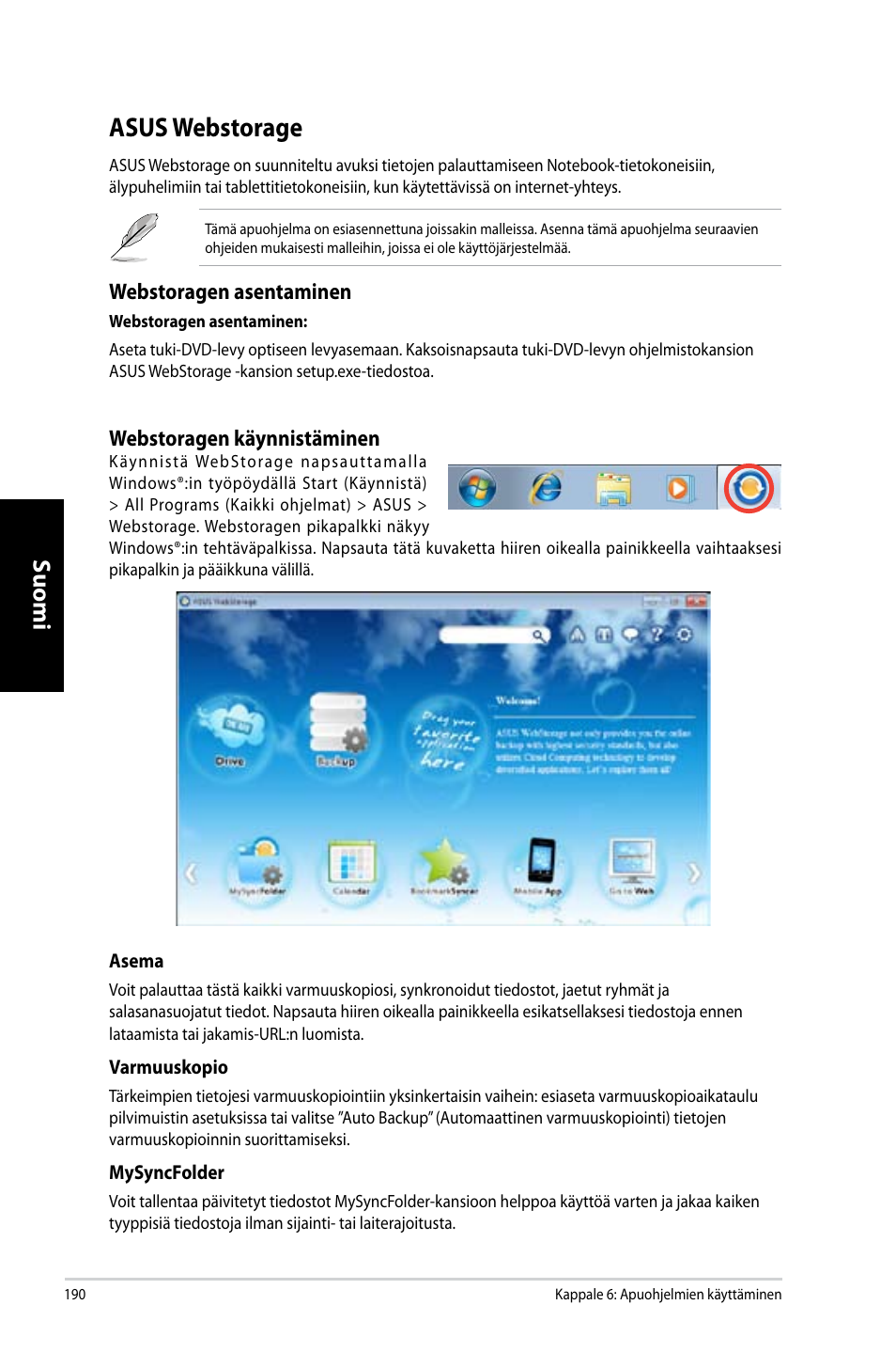 Asus webstorage, Suomi, Webstoragen asentaminen | Webstoragen käynnistäminen | Asus CM6731 User Manual | Page 192 / 342