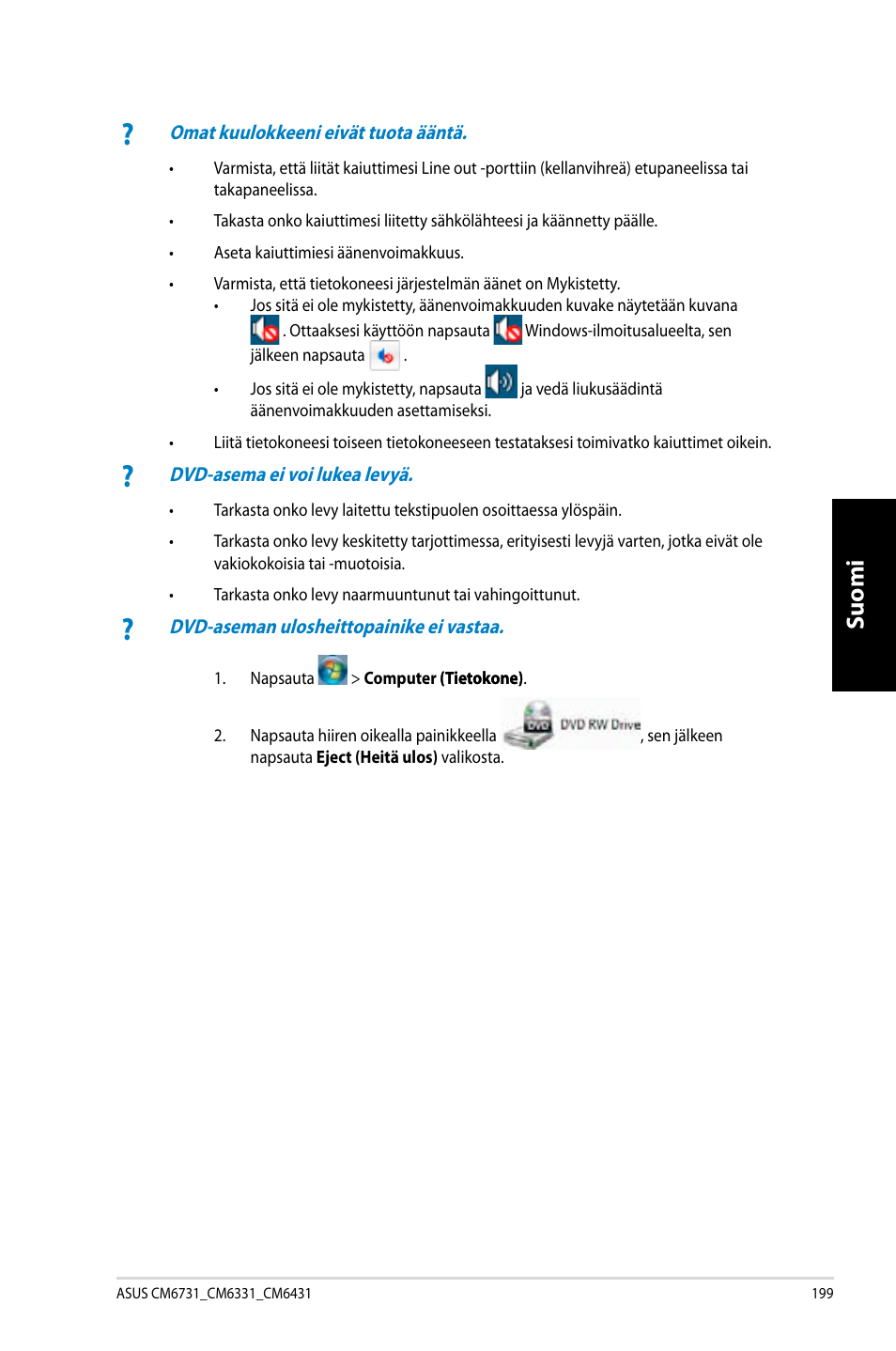 Suomi | Asus CM6731 User Manual | Page 201 / 342