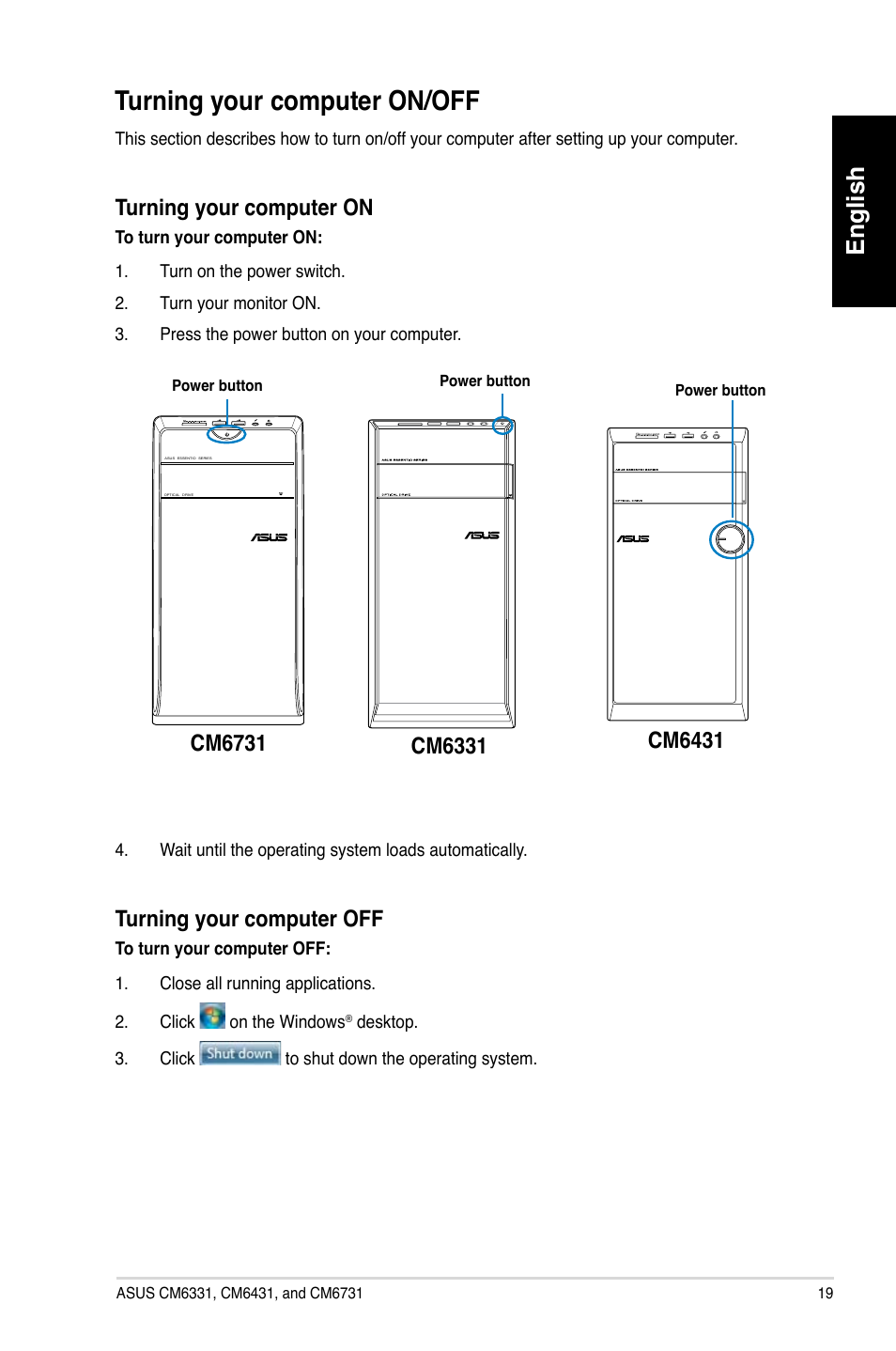 Turning your computer on/off, English, Cm6331 | Asus CM6731 User Manual | Page 21 / 342