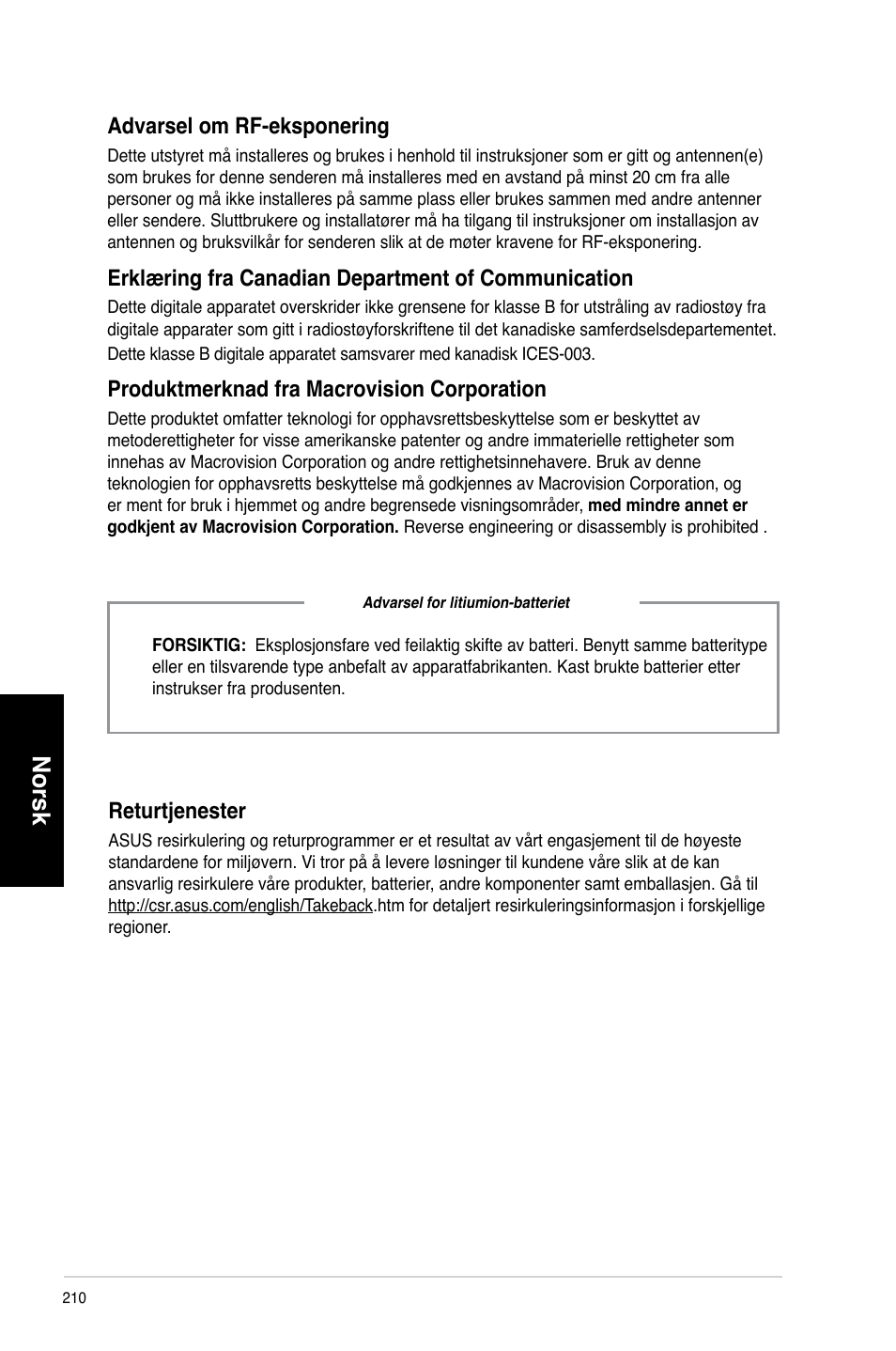 Norsk, Returt�enester, Advarsel.om.rf-eksponering | Produktmerknad.fra.macrovision.corporation | Asus CM6731 User Manual | Page 212 / 342