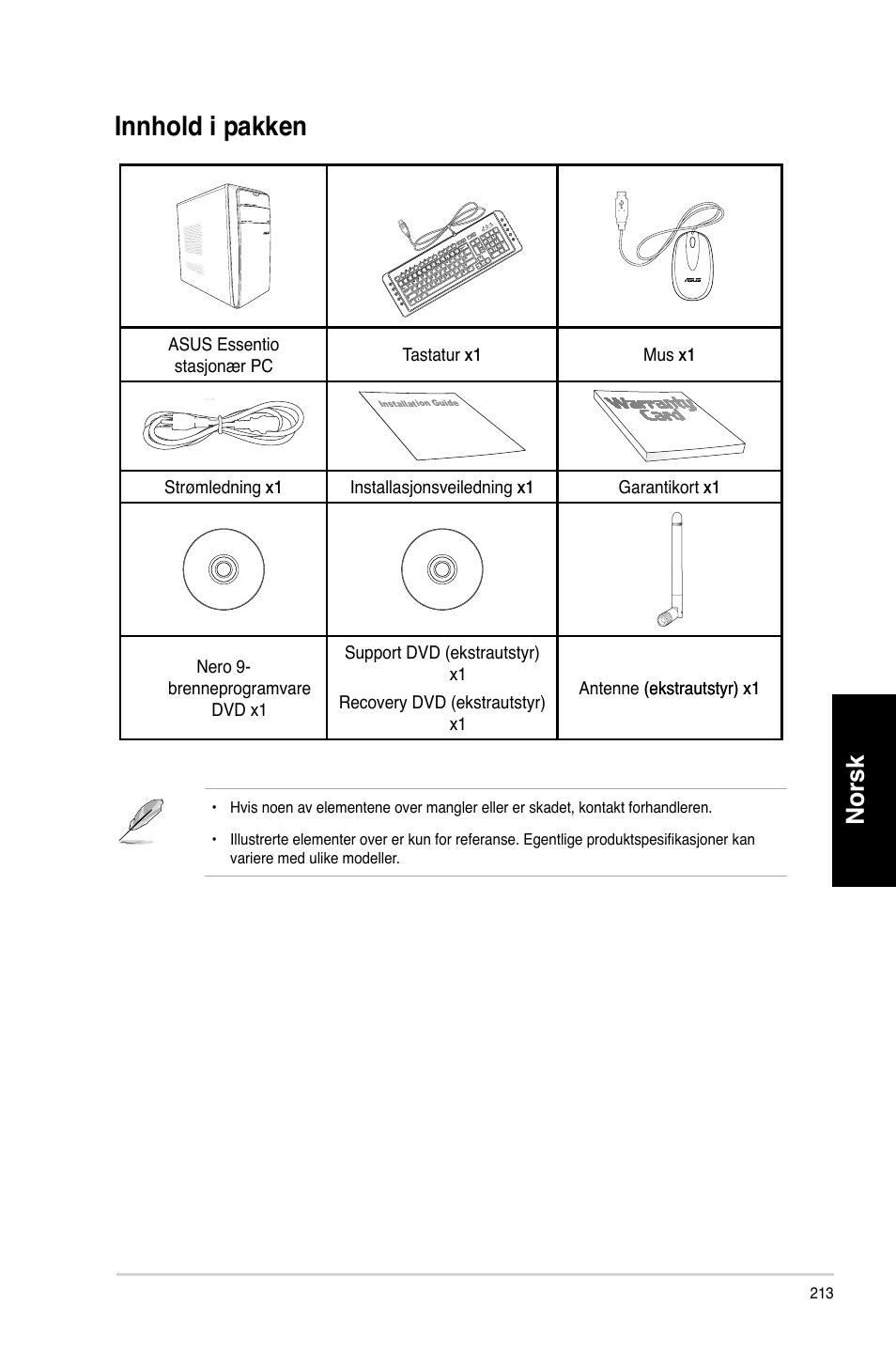 Innhold i pakken, Innhold.i.pakken, Norsk | Asus CM6731 User Manual | Page 215 / 342