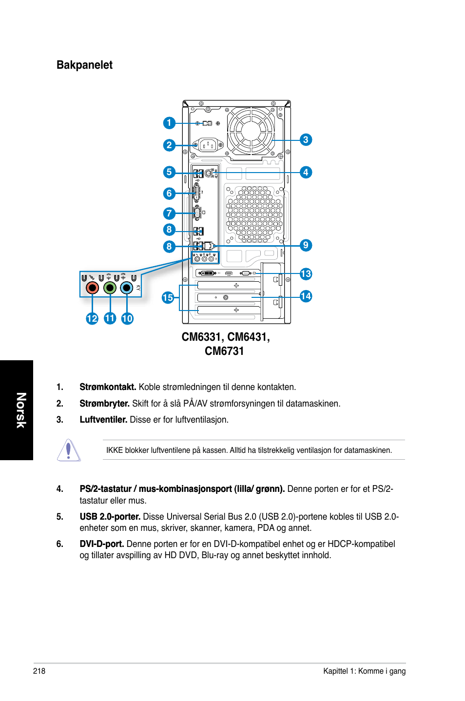 Norsk, Bakpanelet | Asus CM6731 User Manual | Page 220 / 342