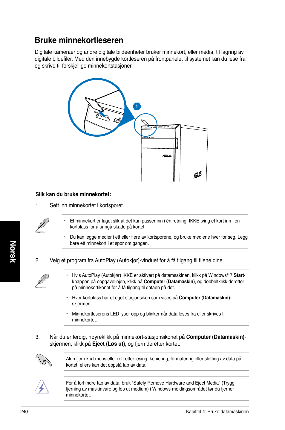 Bruke minnekortleseren, Bruke.minnekortleseren, Norsk | Asus CM6731 User Manual | Page 242 / 342