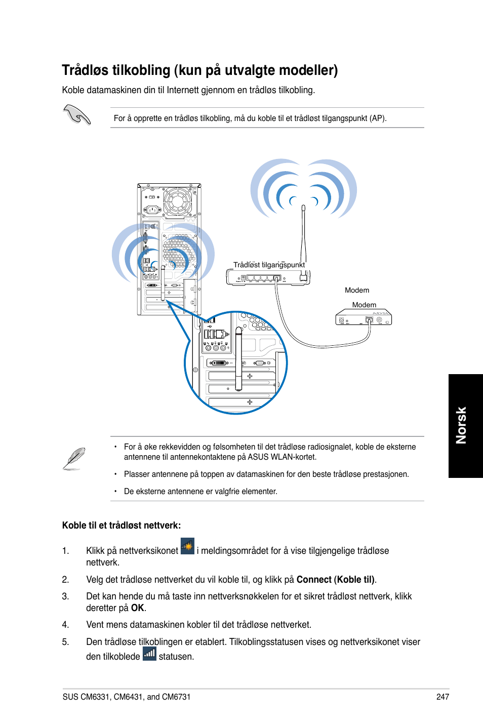 Trådløs tilkobling (kun på utvalgte modeller), Trådløs.tilkobling.�kun.på.utvalgte.modeller, Norsk | Asus CM6731 User Manual | Page 249 / 342