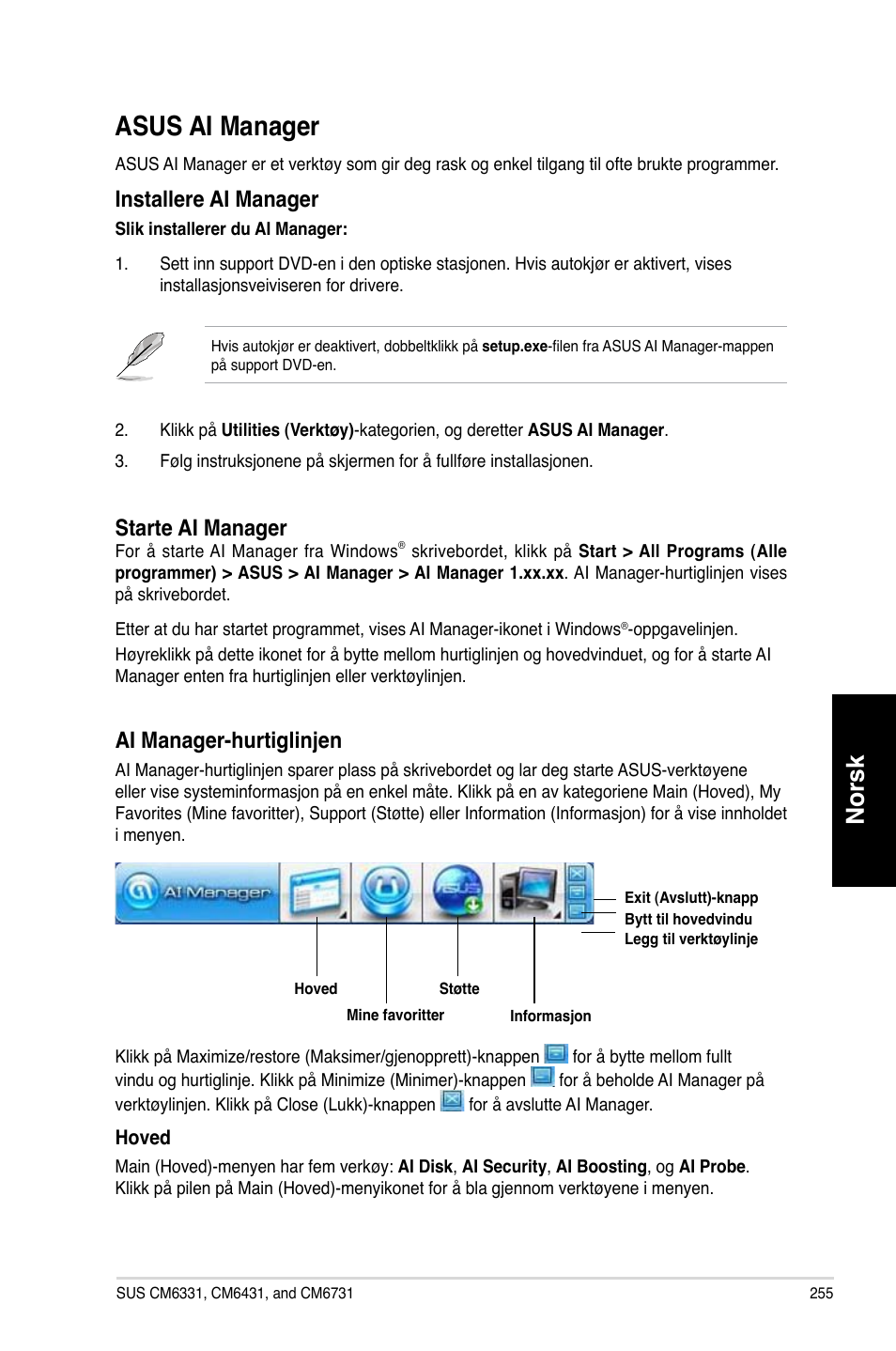 Asus ai manager, Asus.ai.manager, Norsk | Installere.ai.manager, Starte.ai.manager, Ai.manager-hurtiglin�en | Asus CM6731 User Manual | Page 257 / 342