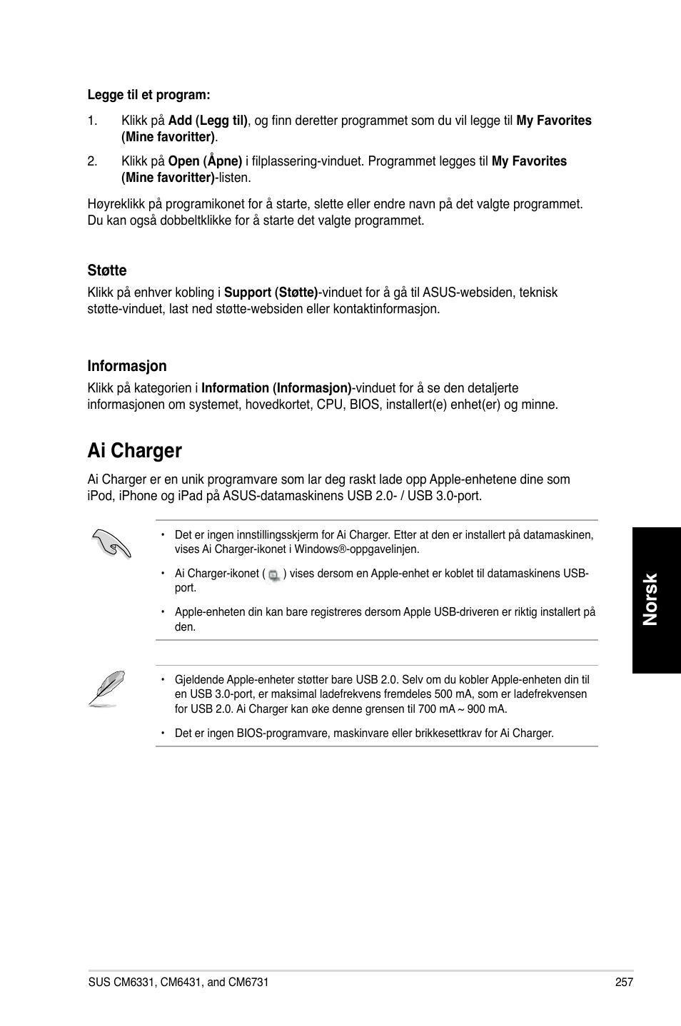 Ai charger, Ai.charger, Norsk | Asus CM6731 User Manual | Page 259 / 342