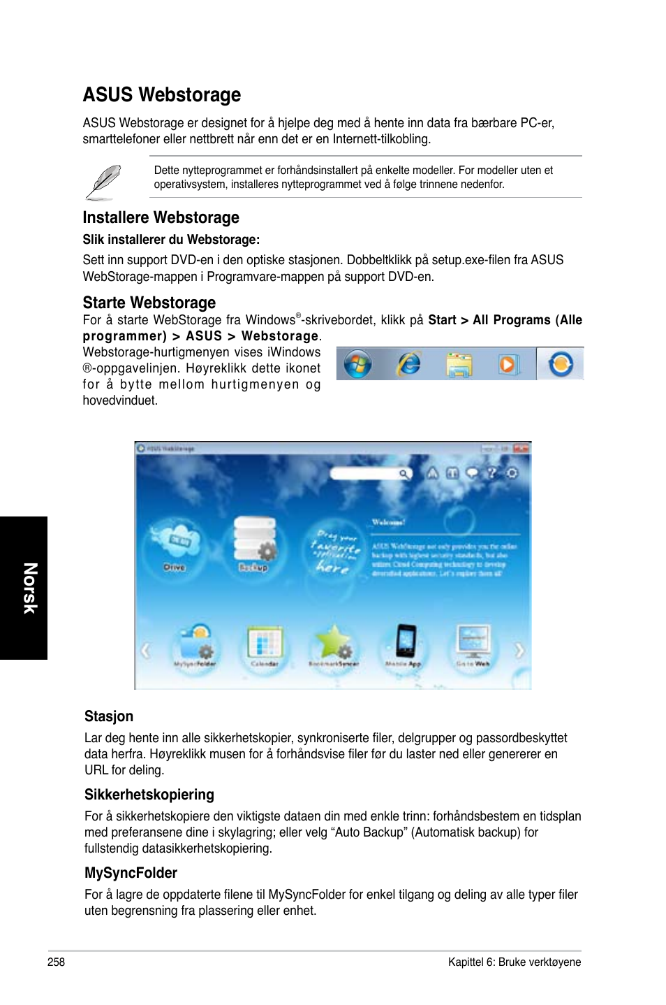 Asus webstorage, Asus.webstorage, Norsk | Installere.webstorage, Starte.webstorage | Asus CM6731 User Manual | Page 260 / 342