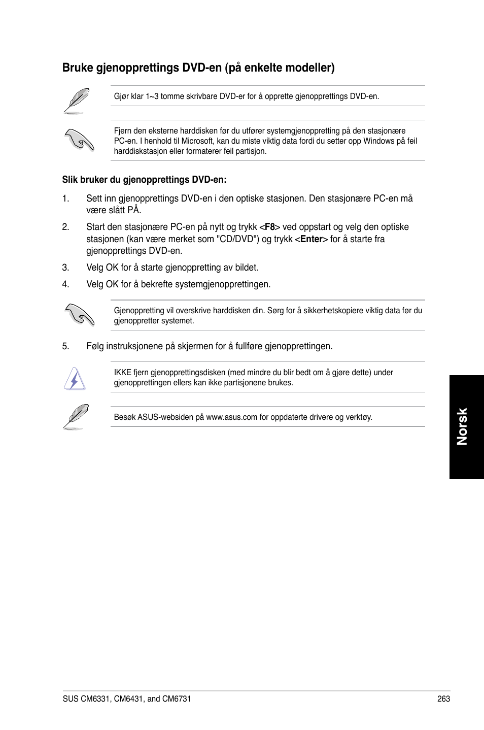 Norsk, Bruke.g�enopprettings.d�d-en.�på.enkelte.modeller | Asus CM6731 User Manual | Page 265 / 342