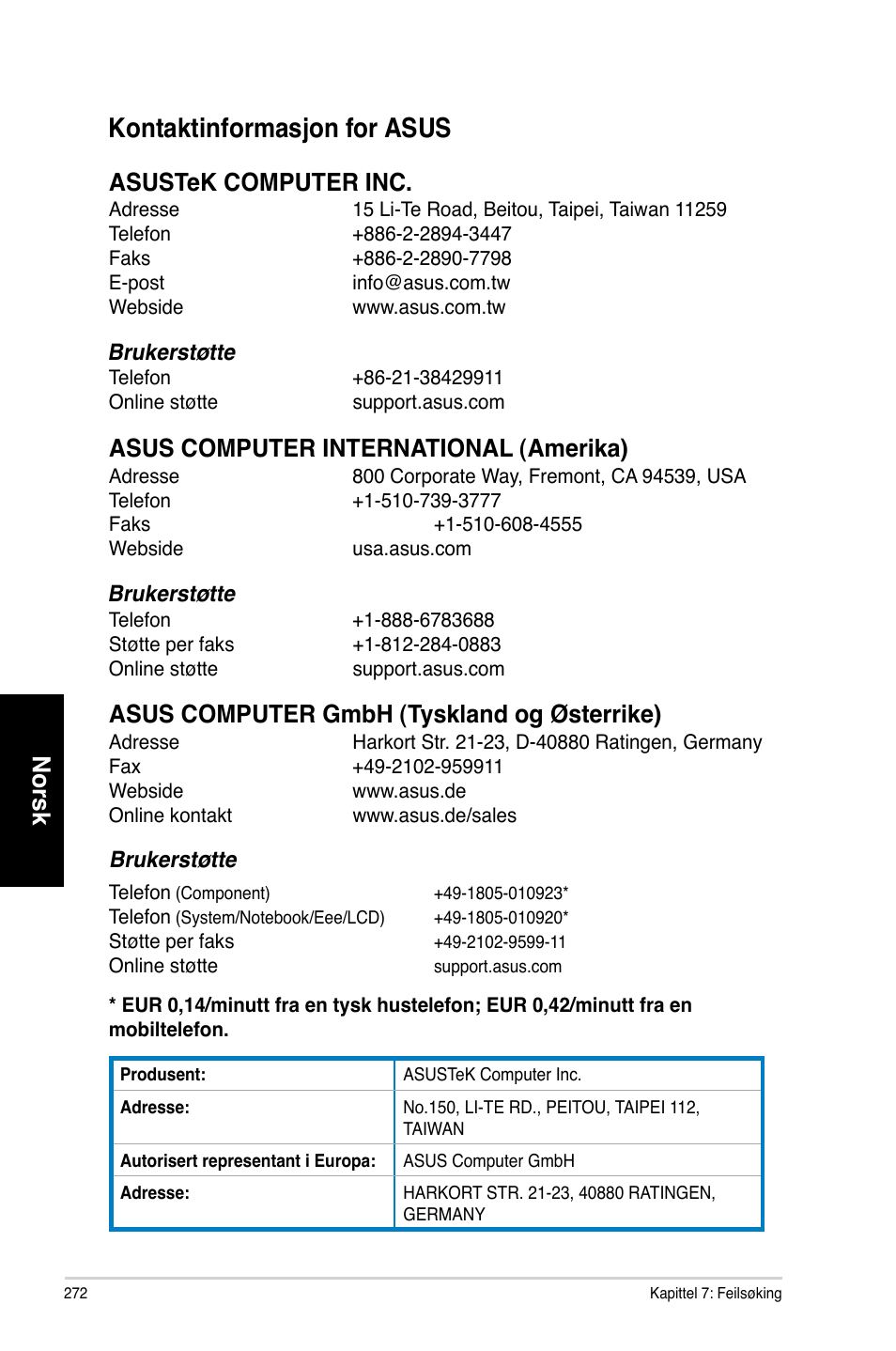 Kontaktinformasjon for asus, Kontaktinformas�on.for.asus, Norsk | Asus CM6731 User Manual | Page 274 / 342