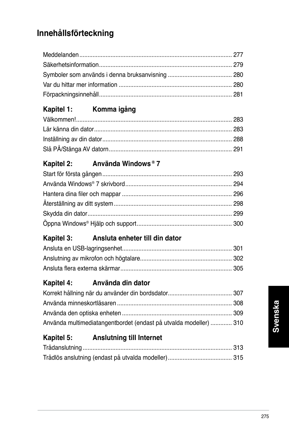 Innehållsförteckning, Svenska | Asus CM6731 User Manual | Page 277 / 342