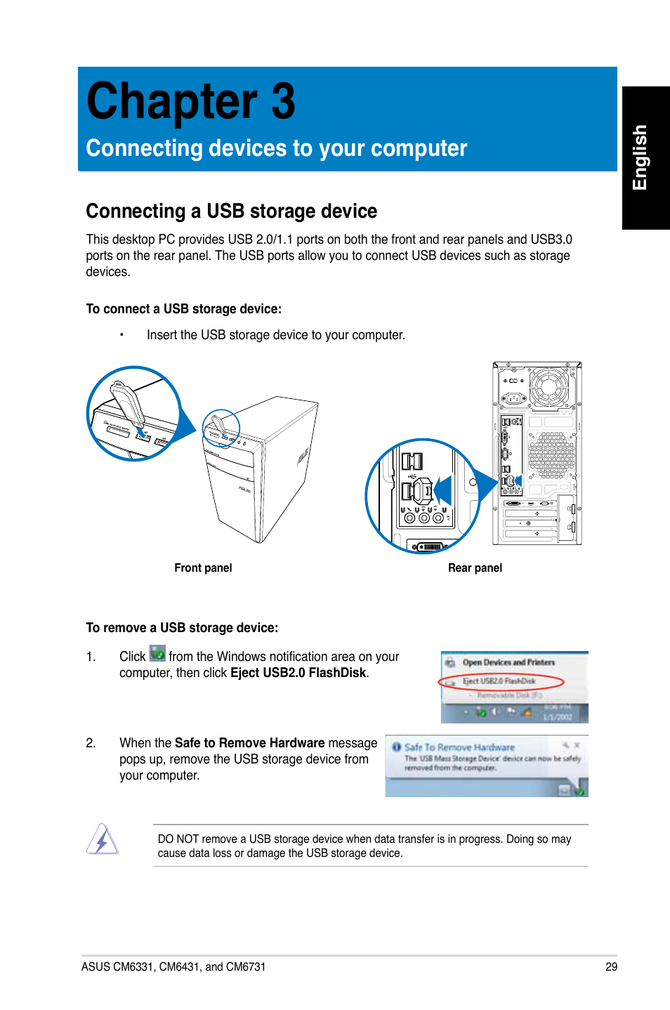 Chapter 3, Connecting devices to your computer, Connecting a usb storage device | Chapter.3, Connecting.devices.to.your.computer, English | Asus CM6731 User Manual | Page 31 / 342