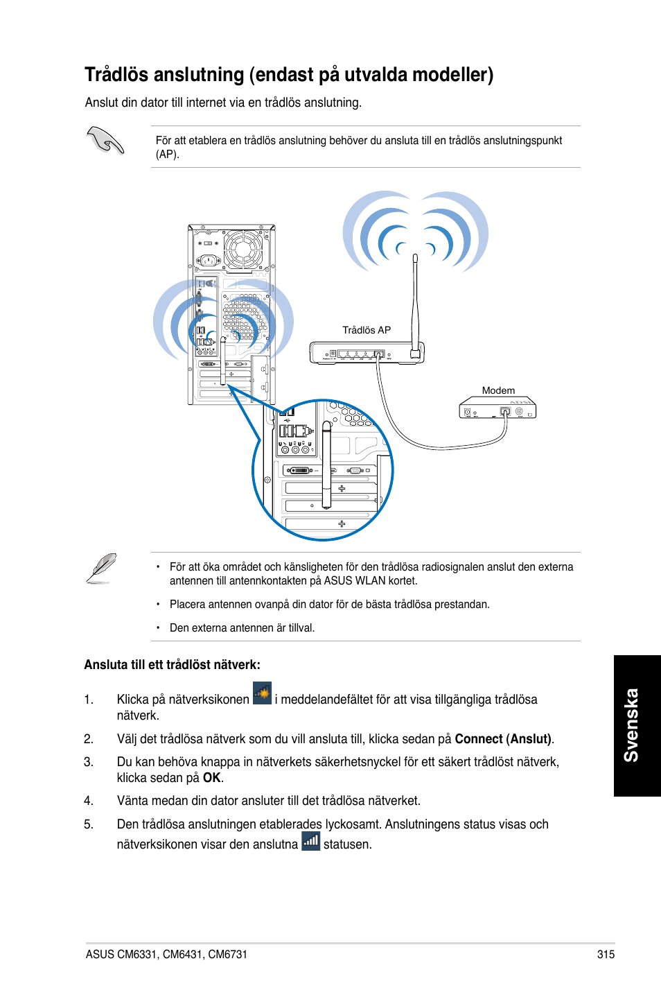 Trådlös anslutning (endast på utvalda modeller), Trådlös.anslutning.�endast.på.utvalda.modeller, Svenska | Asus CM6731 User Manual | Page 317 / 342