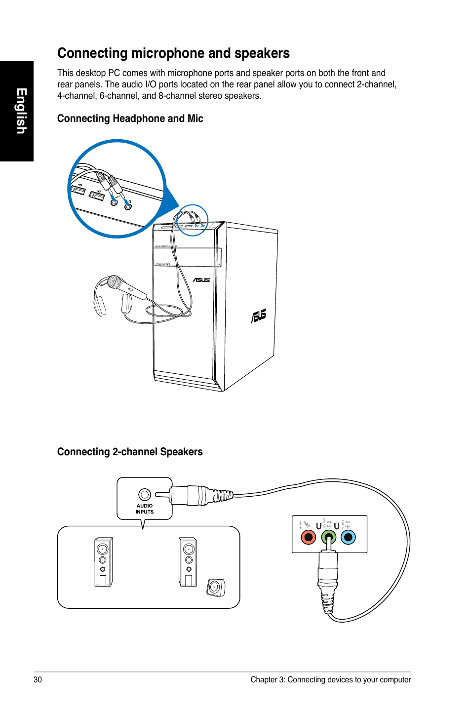 Connecting microphone and speakers, Connecting.microphone.and.speakers, English | Asus CM6731 User Manual | Page 32 / 342