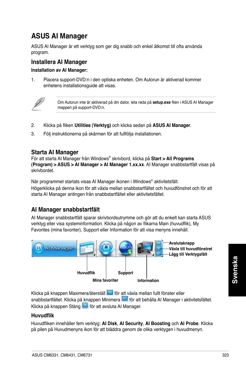 Asus ai manager, Asus.ai.manager, Svenska | Installera.ai.manager, Starta.ai.manager, Ai.manager.snabbstartfält | Asus CM6731 User Manual | Page 325 / 342