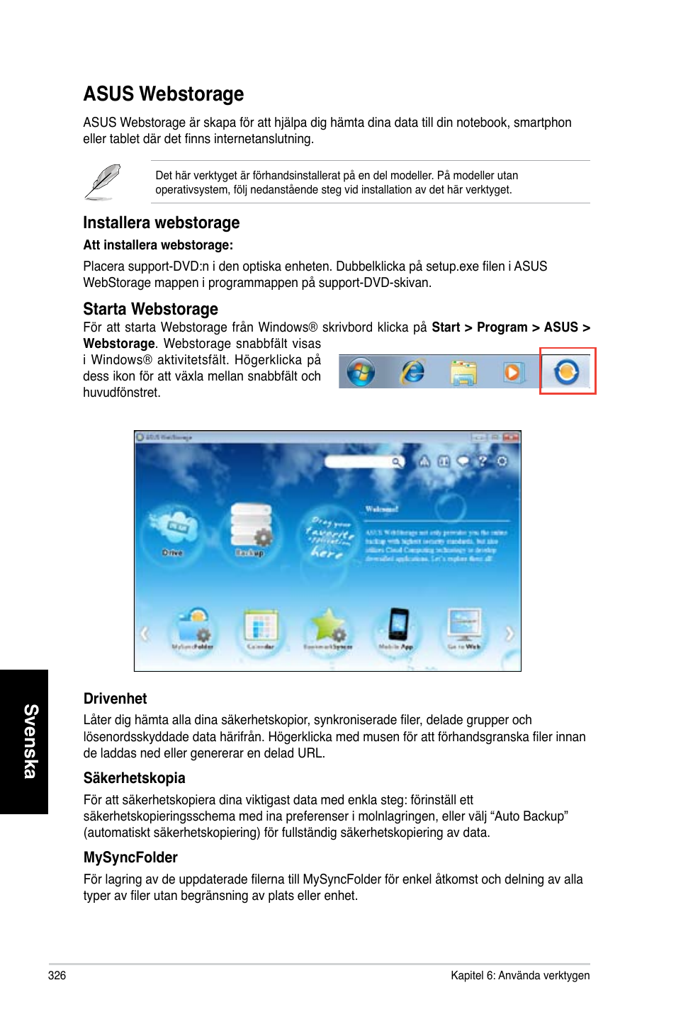 Asus webstorage, Asus.webstorage, Svenska | Installera.webstorage, Starta.webstorage | Asus CM6731 User Manual | Page 328 / 342