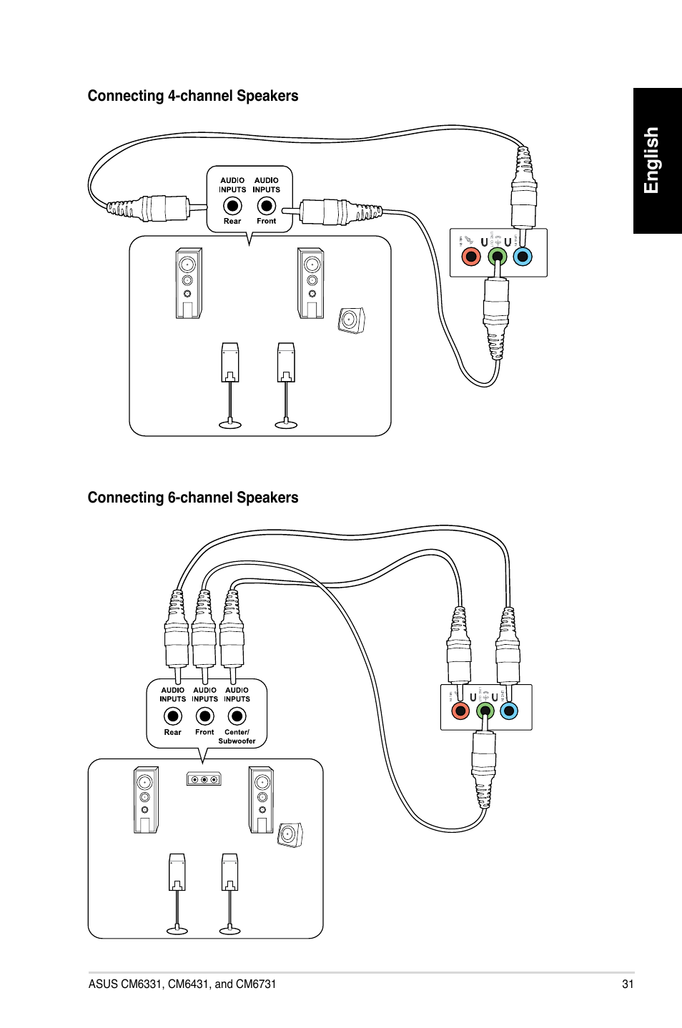 English, Connecting.4-channel.speakers, Connecting.6-channel.speakers | Asus CM6731 User Manual | Page 33 / 342