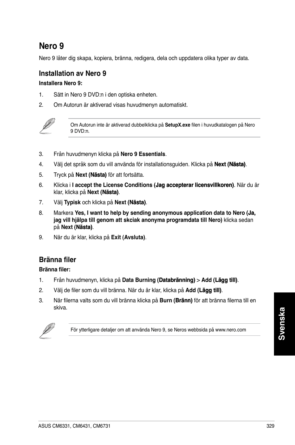 Nero 9, Nero.9, Svenska | Installation.av.nero.9, Bränna filer | Asus CM6731 User Manual | Page 331 / 342