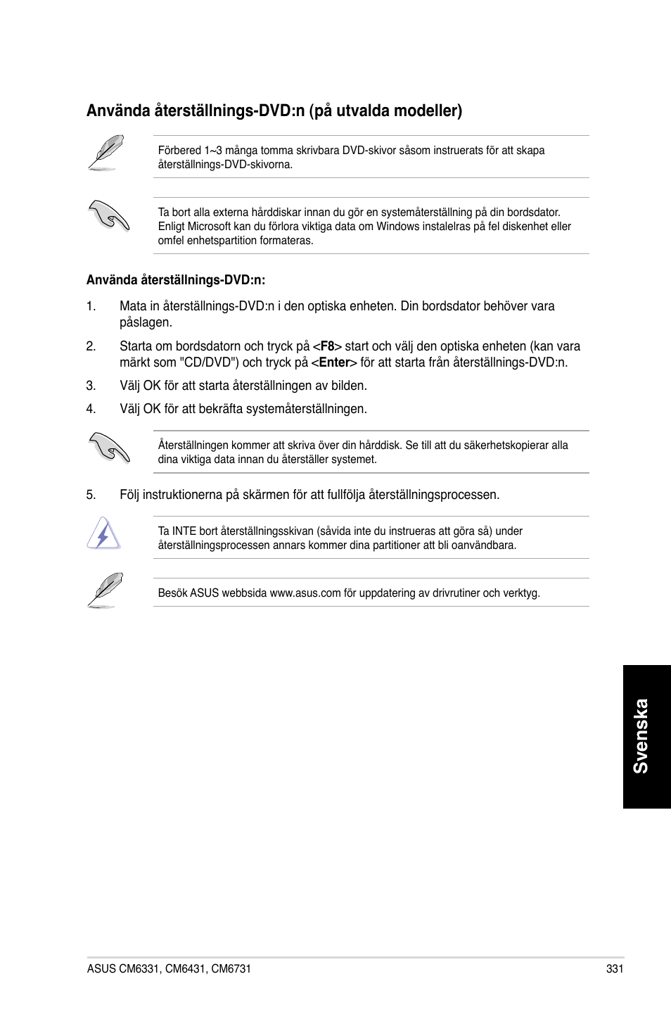 Svenska, Använda.återställnings-d�d:n.�på.utvalda.modeller | Asus CM6731 User Manual | Page 333 / 342