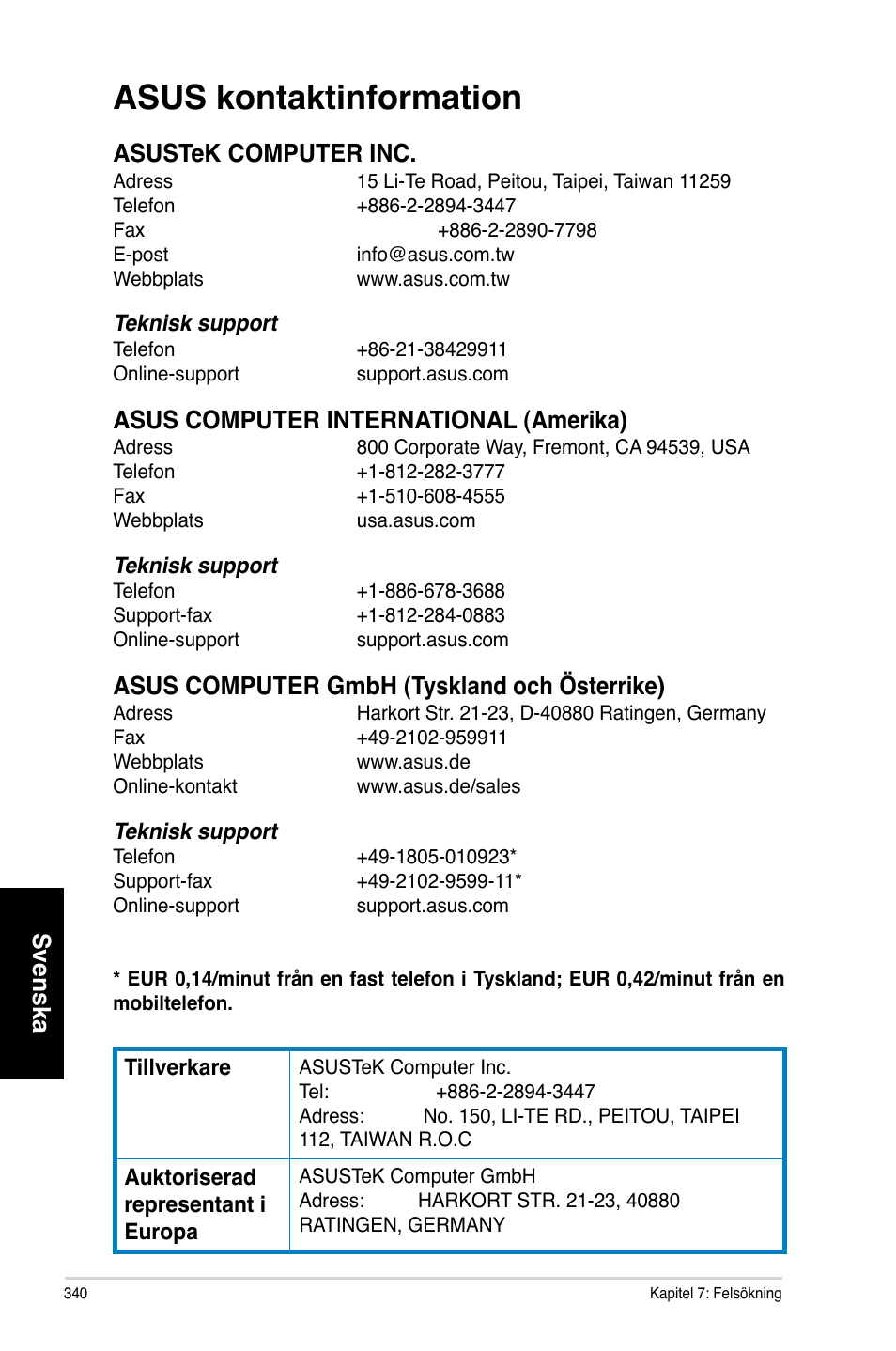 Asus.kontaktinformation, Svenska | Asus CM6731 User Manual | Page 342 / 342