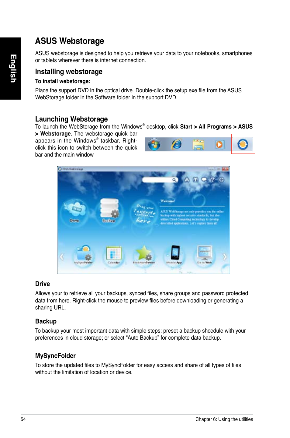 Asus webstorage, Asus.webstorage, English | Installing.webstorage, Launching.webstorage | Asus CM6731 User Manual | Page 56 / 342