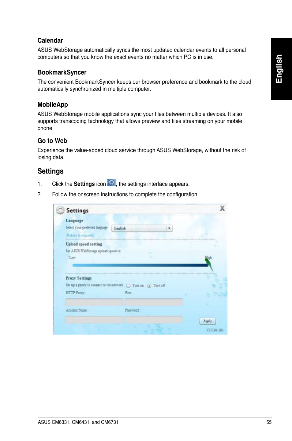 English, Settings | Asus CM6731 User Manual | Page 57 / 342