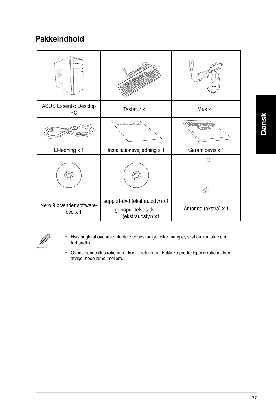 Pakkeindhold, Dansk | Asus CM6731 User Manual | Page 79 / 342