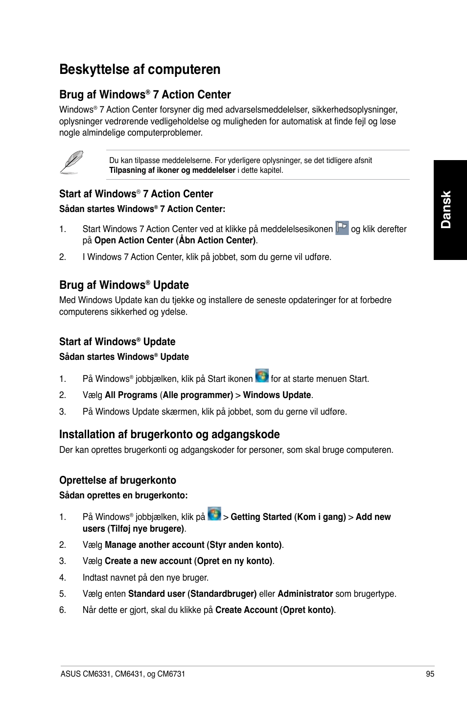 Beskyttelse af computeren, Dansk, Brug.af.windows | Action.center, Update, Installation.af.brugerkonto.og.adgangskode | Asus CM6731 User Manual | Page 97 / 342