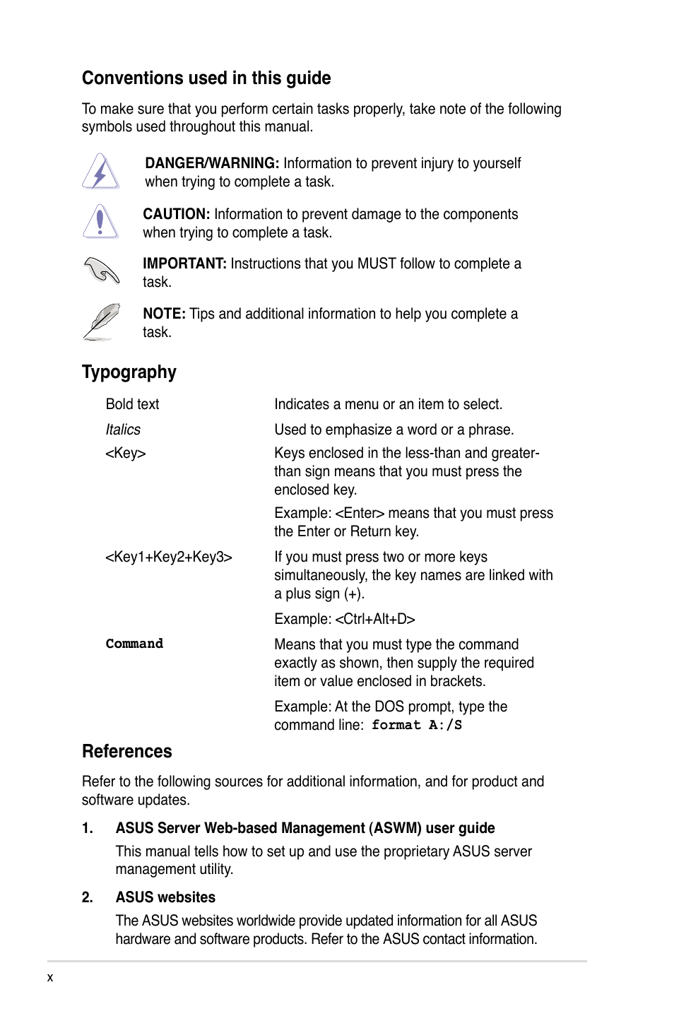 References, Typography | Asus RS120-E5/PA2 User Manual | Page 10 / 156