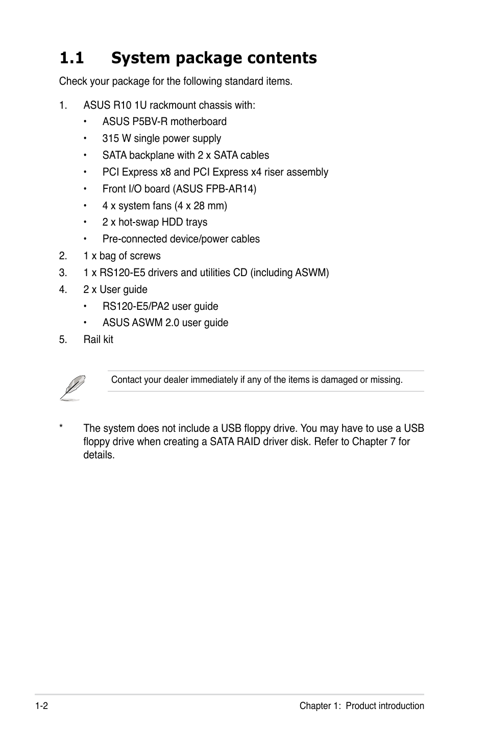 1 system package contents | Asus RS120-E5/PA2 User Manual | Page 12 / 156