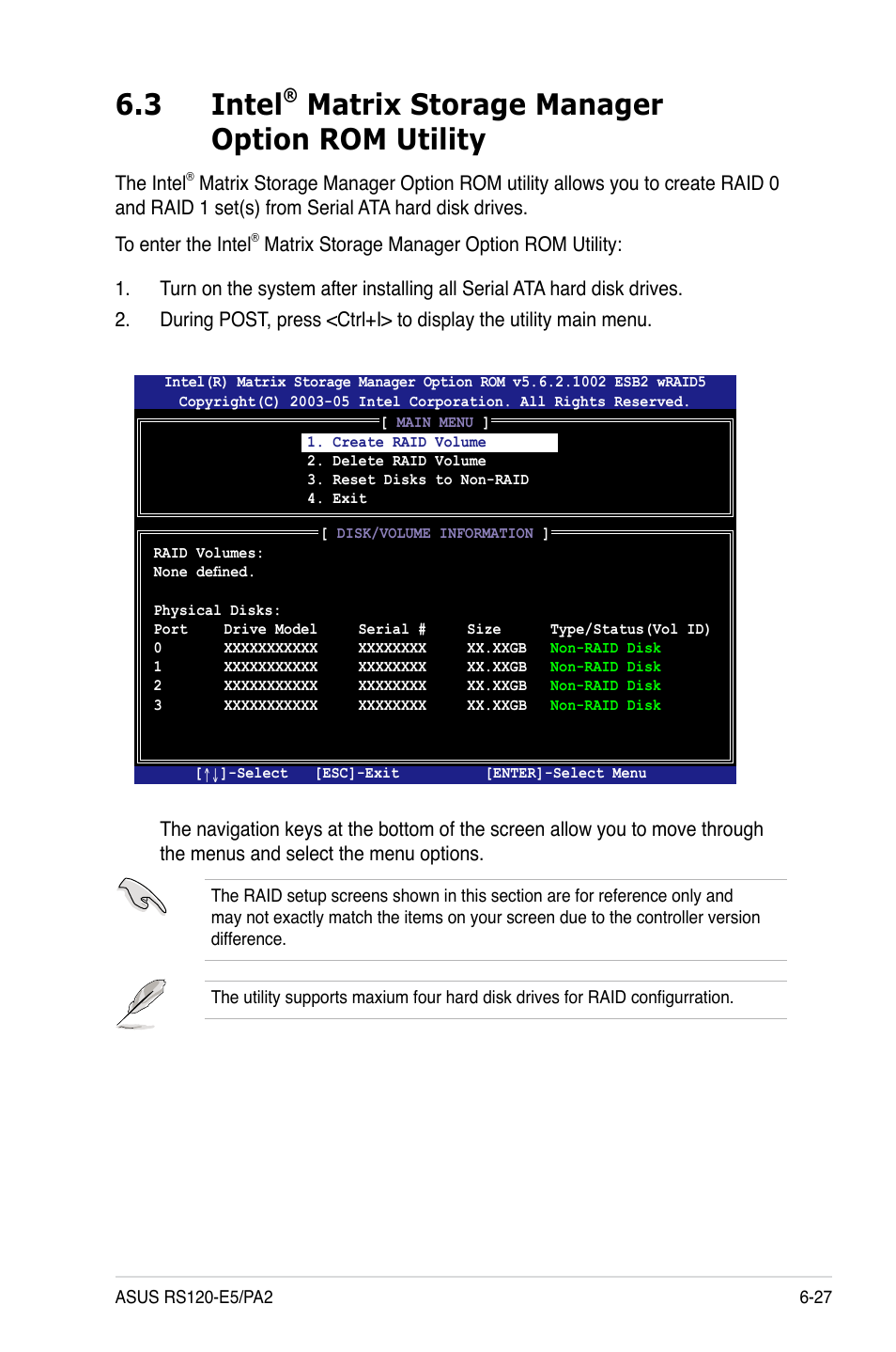 3 intel, Matrix storage manager option rom utility | Asus RS120-E5/PA2 User Manual | Page 127 / 156