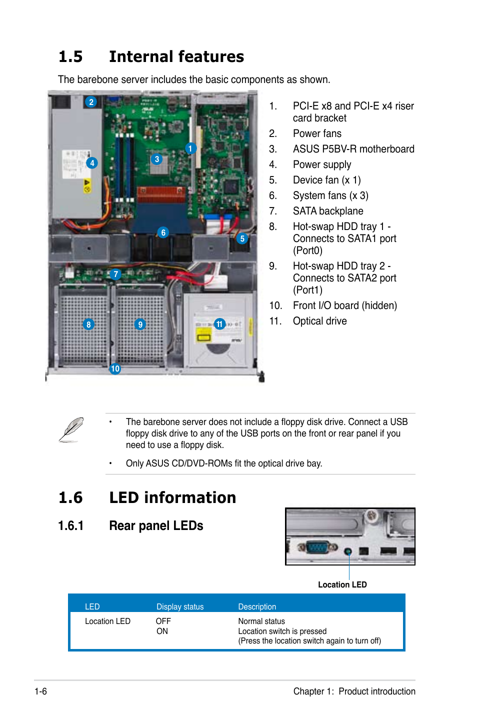 5 internal features, 6 led information, Rear.panel.leds | Asus RS120-E5/PA2 User Manual | Page 16 / 156