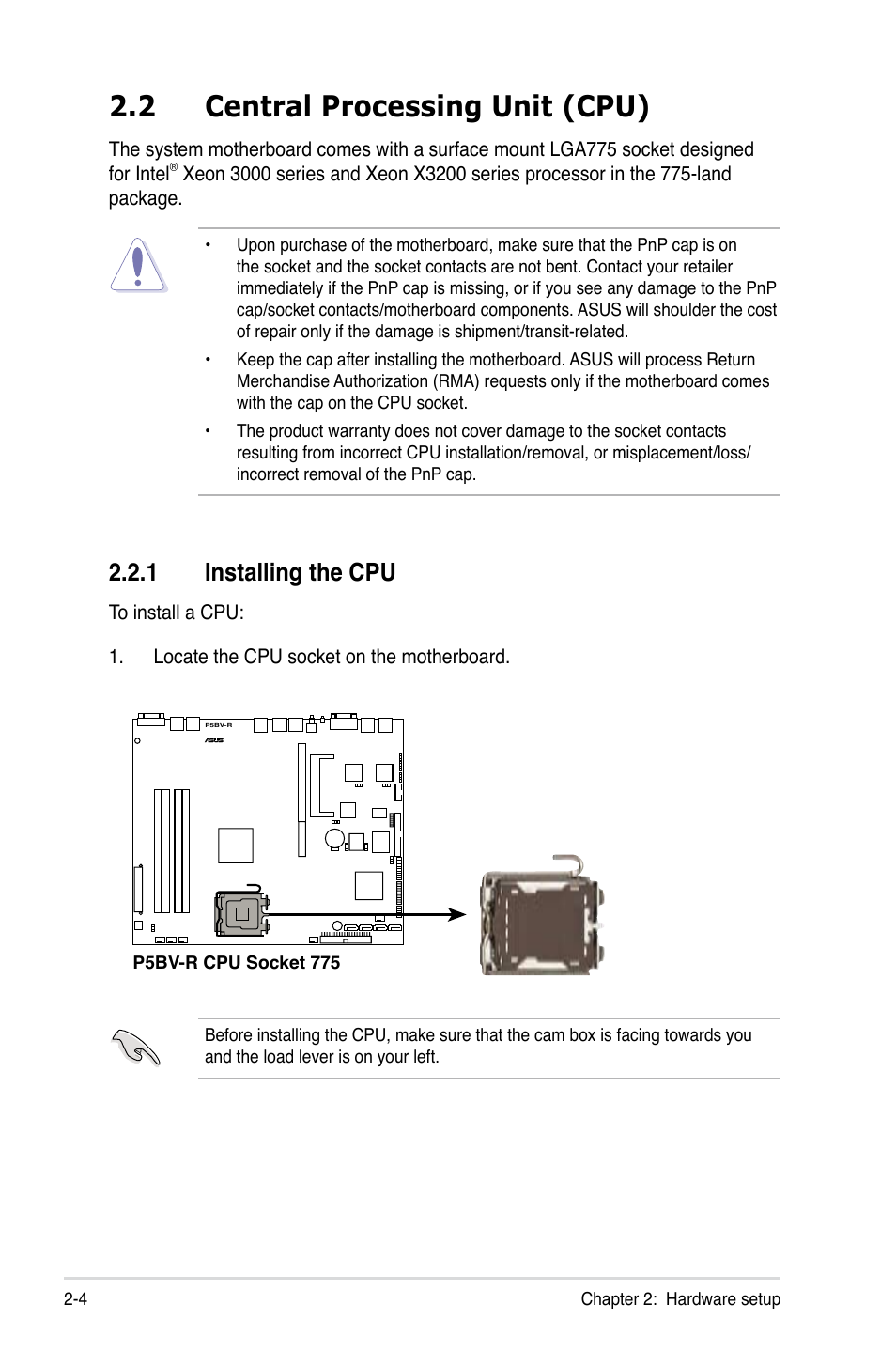 2 central processing unit (cpu), Installing.the.cpu | Asus RS120-E5/PA2 User Manual | Page 22 / 156